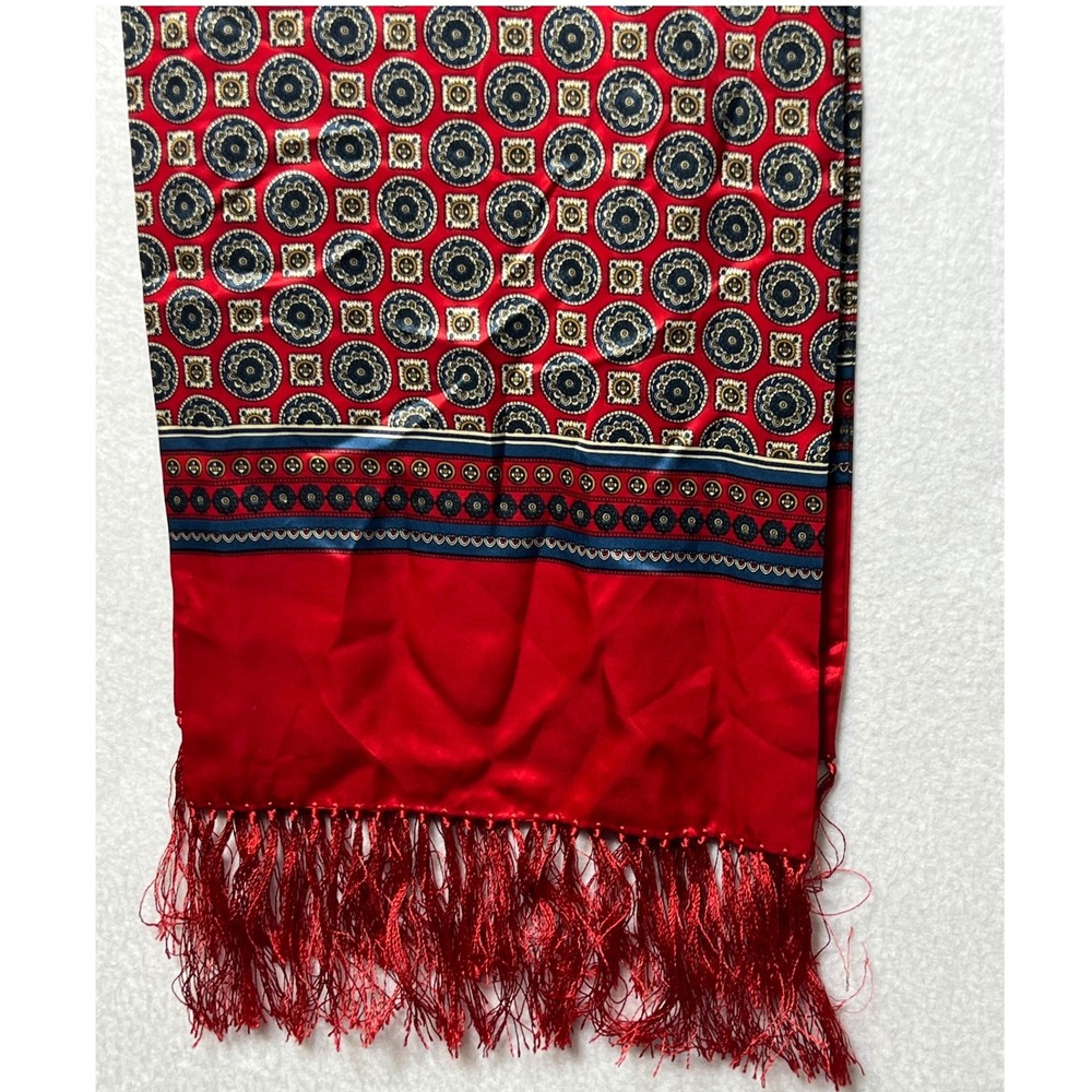 Unbranded Mens Scarf Medallion Print Fringe OS Red Navy Blue Satin Silk Blend - Picture 6 of 7